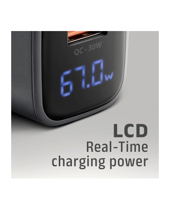 axagon Ładowarka sieciowa ACU-PQ67D PD'QC 67W 2-port GaN, Ekran LED, USB-A  + USB-C