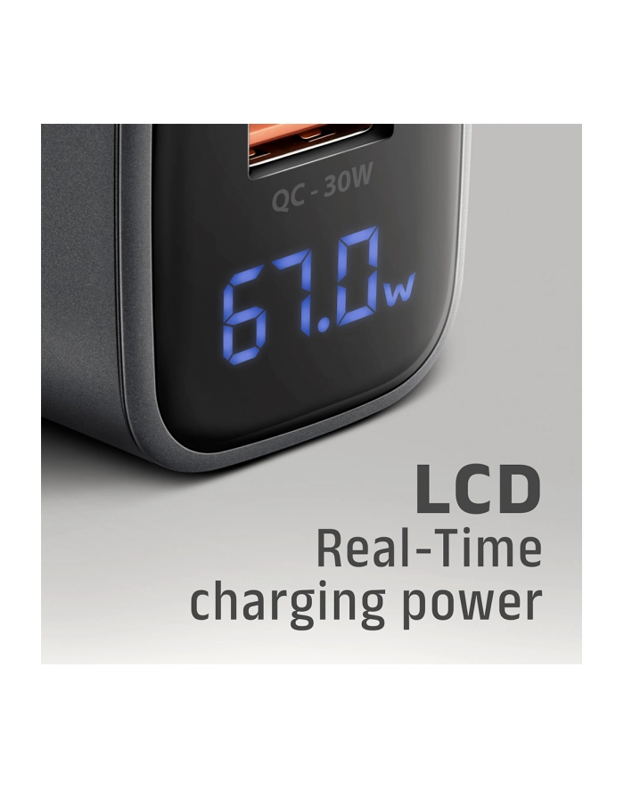 axagon Ładowarka sieciowa ACU-PQ67D PD'QC 67W 2-port GaN, Ekran LED, USB-A  + USB-C główny