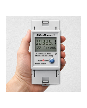 qoltec Jednofazowy elektroniczny licznik zużycia energii na szynę DIN | RESET | licznik okresowy i stały | 230V | 60A | LCD | LED | 2P nr 1