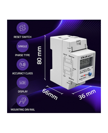 qoltec Jednofazowy elektroniczny licznik zużycia energii na szynę DIN | RESET | licznik okresowy i stały | 230V | 60A | LCD | LED | 2P nr 2