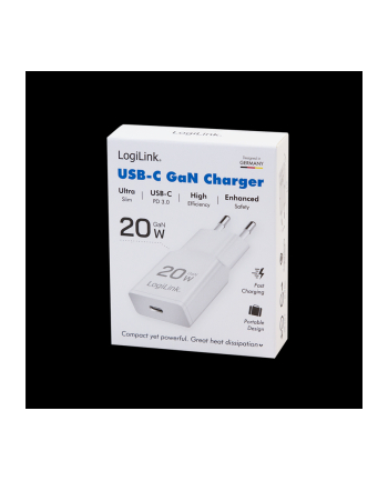 Ładowarka sieciowa LogiLink PA0345 USB GaN, 20 W, 1x USB-C (PD), biała
