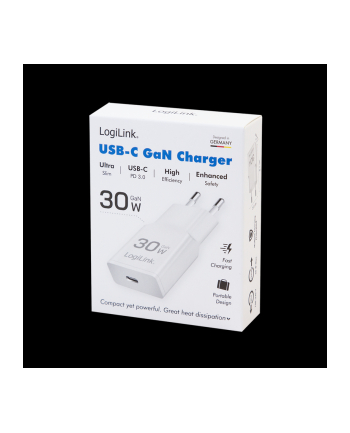 Ładowarka sieciowa LogiLink PA0347 USB GaN, 30 W, 1x USB-C (PD), biała