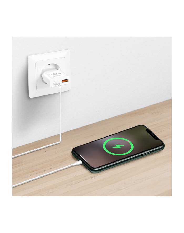 Ładowarka sieciowa LogiLink PA0348 USB GaN, 30 W, 1x USB-C (PD), 1x USB-A (QC), biała główny