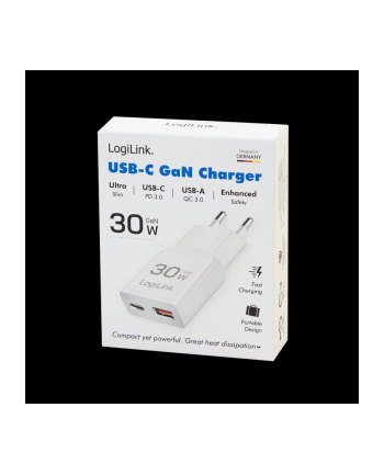 Ładowarka sieciowa LogiLink PA0348 USB GaN, 30 W, 1x USB-C (PD), 1x USB-A (QC), biała