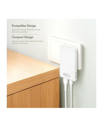Ładowarka sieciowa LogiLink PA0368 USB GaN, 65 W, 1x USB-C (PD), 1x USB-A (QC), biała
