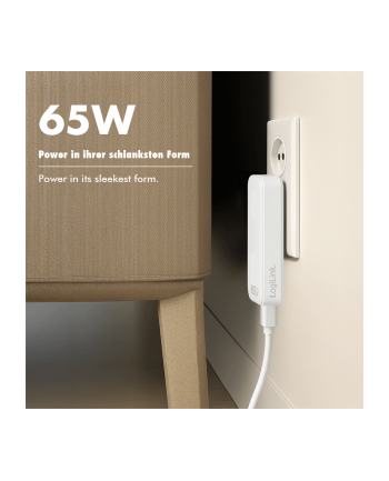 Ładowarka sieciowa LogiLink PA0368 USB GaN, 65 W, 1x USB-C (PD), 1x USB-A (QC), biała