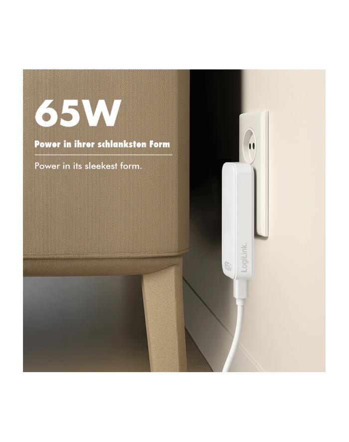 Ładowarka sieciowa LogiLink PA0368 USB GaN, 65 W, 1x USB-C (PD), 1x USB-A (QC), biała główny