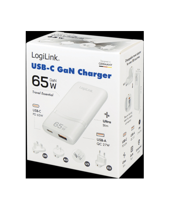 Ładowarka sieciowa podróżna LogiLink PA0376 USB GaN, 65 W, 1x USB-C (PD), 1x USB-A (QC), biała