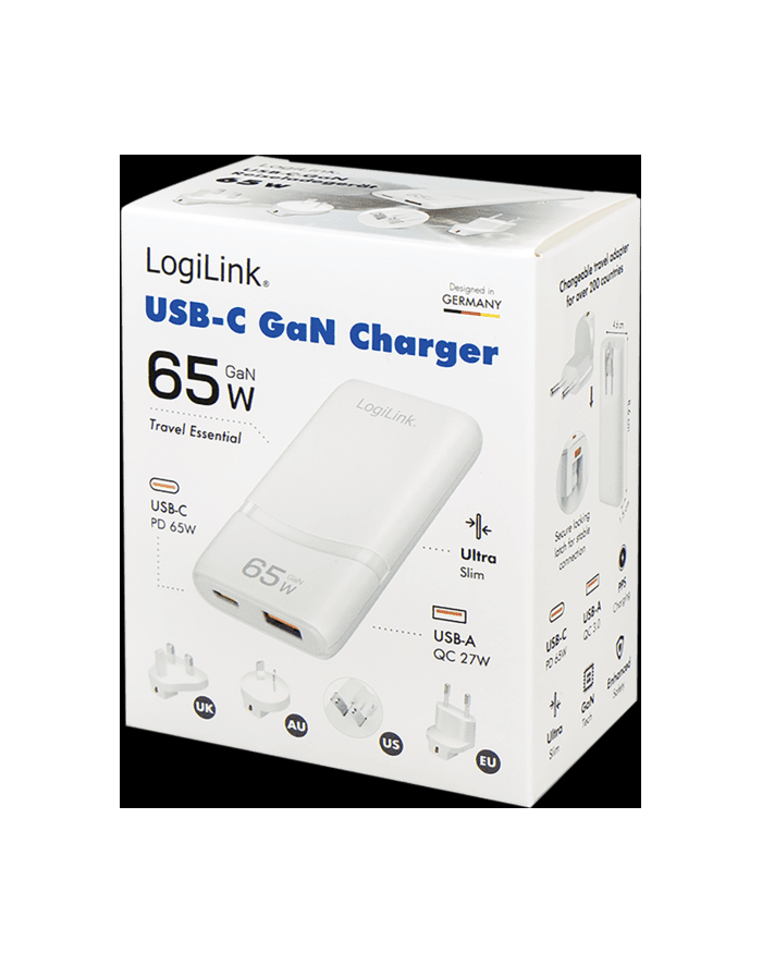 Ładowarka sieciowa podróżna LogiLink PA0376 USB GaN, 65 W, 1x USB-C (PD), 1x USB-A (QC), biała główny