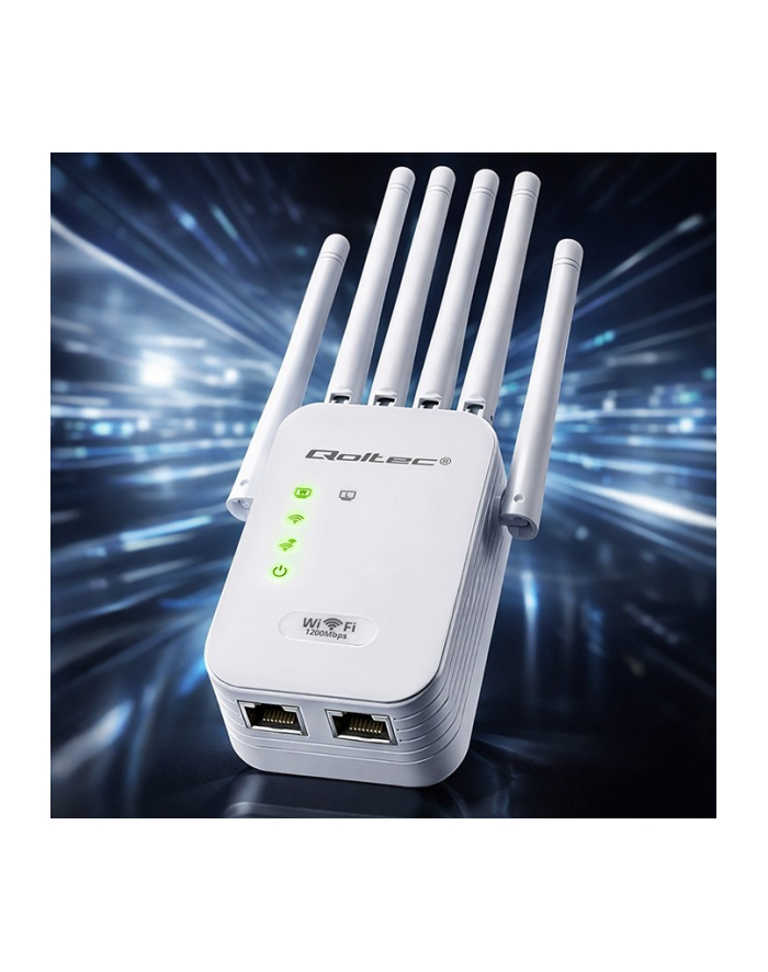 qoltec Wzmacniacz syganłu WiFi 6 | Repeater | Access Point | AX1200 Mb/s| 6 anten | 2xRJ45 | 128MB główny