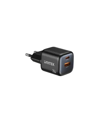 UNITEK P1128ABK01-EU Ładowarka sieciowa 2-portowa GaN 20W USB-C USB-A PD 3.0 czarna