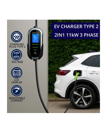 qoltec Ładowarka do samochodu elektrycznego EV i hybryd | 11kW | 400V | CEE 16A | Wi-Fi | LCD | 5m