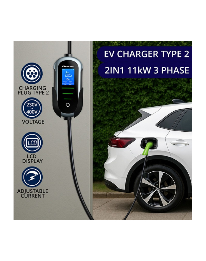 qoltec Ładowarka do samochodu elektrycznego EV i hybryd | 11kW | 400V | CEE 16A | Wi-Fi | LCD | 5m główny
