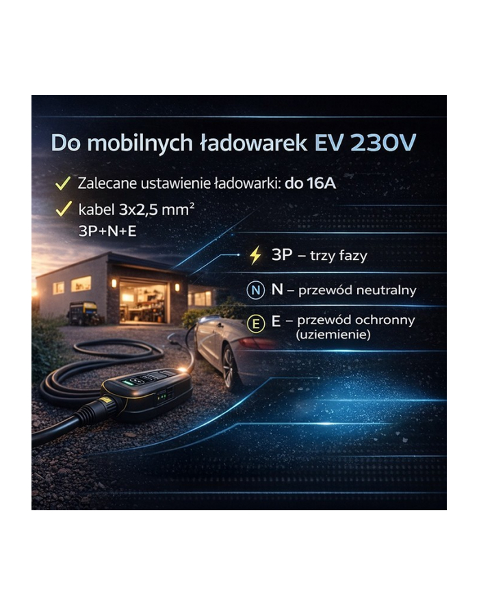 qoltec Adapter siłowy do ładowarek EV | gniazdo CEE 16A 5P | Przejściówka 400V na SCHUKO 230V | max 16A | 3.5kW główny