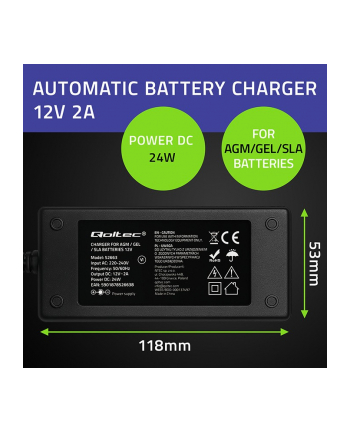 qoltec Ładowarka do akumulatora AGM GEL STD | Prostownik 12V | 2A | 24W | LED | Kabel 1.8m