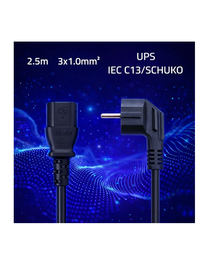 qoltec Kabel zasilający | wtyczka kątowa SCHUKO CEE 7/7 (E/F) | IEC C13 | 3x1.0mm2 | Czysta miedź Cu | 2.5m główny