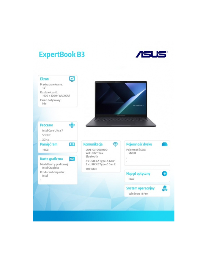 asus Notebook ExpertBook B3 B3405CCA-LY3285X U7 255H/16GB/512GB/W11P główny