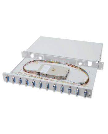 Digitus Panel krosowy FO z wyposażeniem 19'' 1U, 12x SC dx , OS2, pigtaile, adaptery, tacki, wysuwany, szary nr 1
