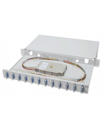 Digitus Panel krosowy FO z wyposażeniem 19'' 1U, 12x SC dx , OS2, pigtaile, adaptery, tacki, wysuwany, szary nr 2