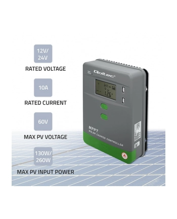 qoltec Solarny regulator ładowania MPPT z czujnikiem temperatury 10A |  12V/24V | LCD | 2xUSB | GEL | LiFePO4
