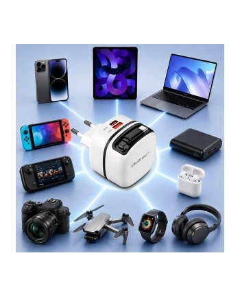 qoltec Ładowarka sieciowa GaN 65W | USB-C PD PPS | 5-20V | 3-3.25A |    wysuwany kabel