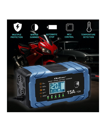 qoltec Ładowarka 12V 15A | Prostownik z funkcją naprawy | AGM GEL       LiFePO4 | 9-stopniowe ładowanie