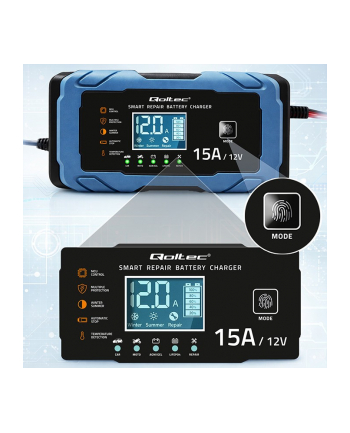 qoltec Ładowarka 12V 15A | Prostownik z funkcją naprawy | AGM GEL       LiFePO4 | 9-stopniowe ładowanie