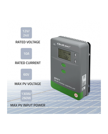 qoltec Solarny regulator ładowania MPPT z czujnikiem temperatury 10A |  12V/24V | LCD | 2xUSB | GEL | LiFePO4