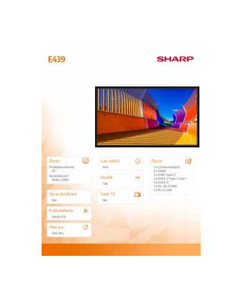 sharp Monitor wielkoformatowy MultiSync E439 43 cale UHD 16/7 350cd/m2