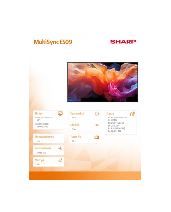 sharp Monitor wielkoformatowy MultiSync E509 50 '' UHD 16/7 350cd/m2