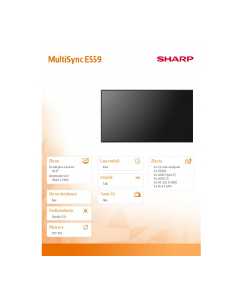 sharp Monitor wielkoformatowy MultiSync E559 55 '' UHD 16/7 350cd/m2 nr 1
