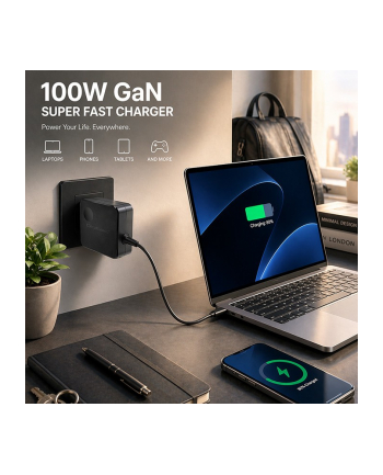 qoltec Ładowarka sieciowa GaN 100W | USB-C PD | 5-20V | 3-5A nr 1