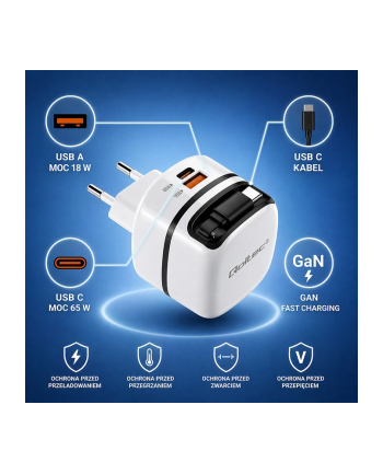 qoltec Ładowarka sieciowa GaN 65W | USB-C PD PPS | 5-20V | 3-3.25A |    wysuwany kabel nr 2