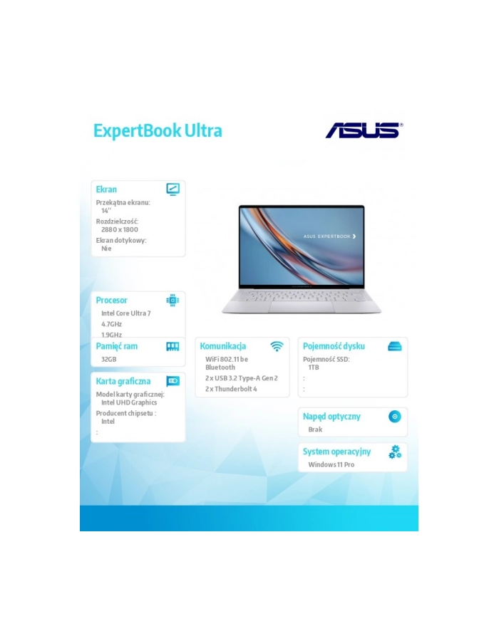 asus Laptop ExpertBook Ultra B9406CAA-TH0246X -  Core ultra 7 356H/32GB/1TB/14' WQXGA+/Tandem OLED/600 nits/Touch screen/Win 11 PRO/3YRS główny