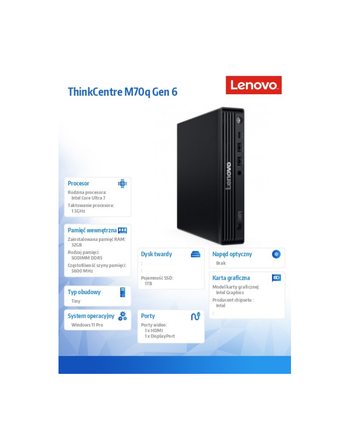 lenovo Komputer ThinkCentre M70q Tiny G6 13A40016PB W11Pro Ultra 7 265T/2X16GB/1TB/INT/vPro/Black/3YR OS + 1YR Premier TC główny