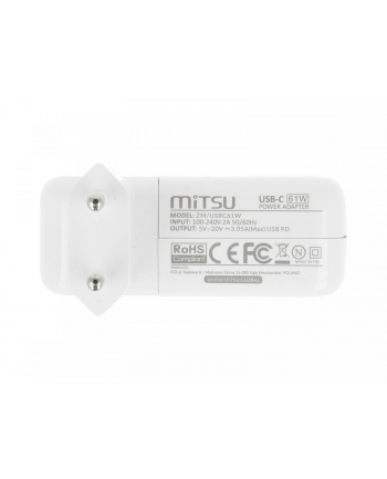 mitsu Zasilacz ładowarka do laptopa 61W USB-C 5V-9V-12V-15V-20V-20.3V/3A PD