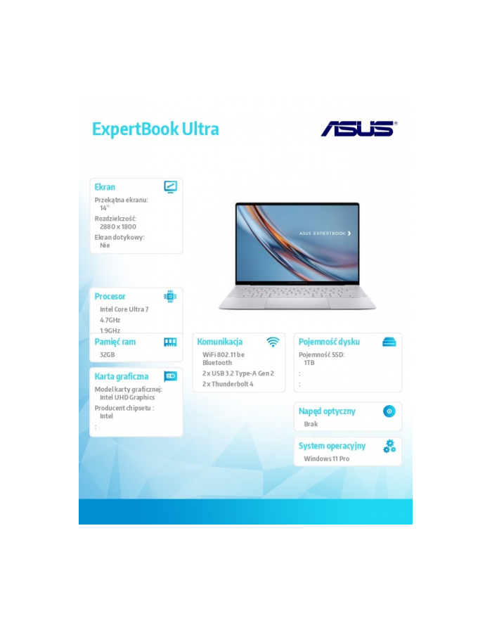 asus Laptop ExpertBook Ultra B9406CAA-TH0246X -  Core ultra 7 356H/32GB/1TB/14' WQXGA+/Tandem OLED/600 nits/Touch screen/Win 11 PRO/3YRS główny