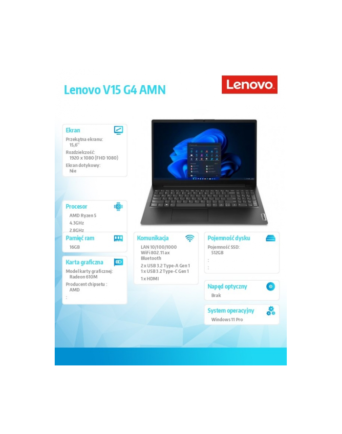 lenovo Laptop V15 G4 82YU01ARPB W11Pro 5 7520U/16GB/512GB/INT/15.6 FHD/Business Black/3YR OS główny
