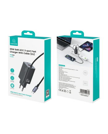 usams Ładowarka sieciowa JC Series CC266 65W GaN Fast Charger wbudowanykabel USB-C czarny