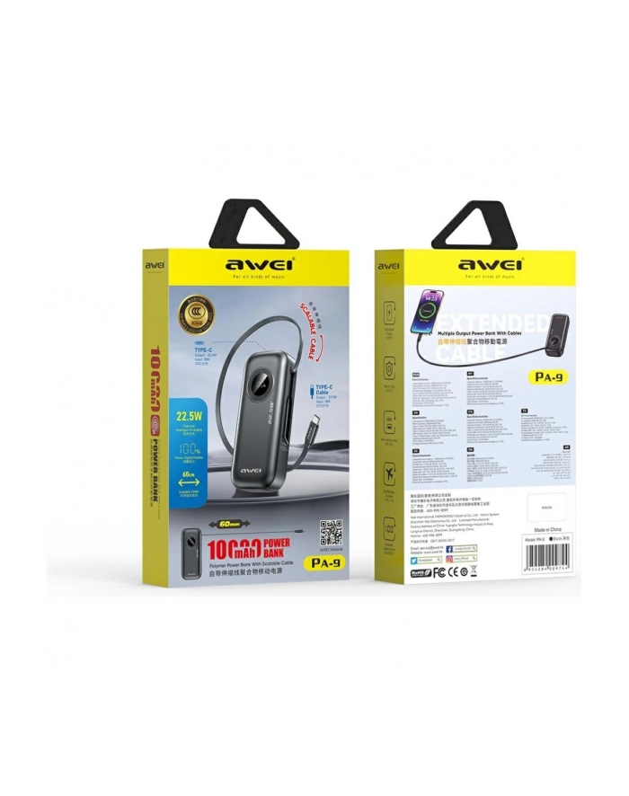 awei Powerbank PA-9 22,5W 10000mAh z kablem USB-C wbudowanym czarny główny