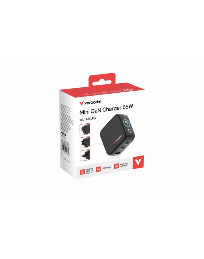 verbatim Ładowarka Mini GaN 65W TFT 2xUSB-C 1xUSB-A  EU/UK/USA 30238 główny