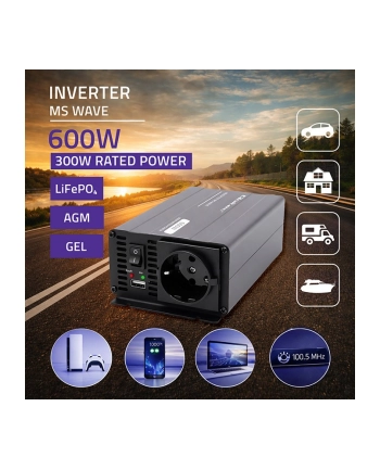 qoltec Przetwornica napięcia MS Wave | 12V na 230V | 300/600W