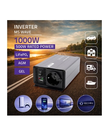 qoltec Przetwornica napięcia MS Wave | 12V na 230V | 500/1000W