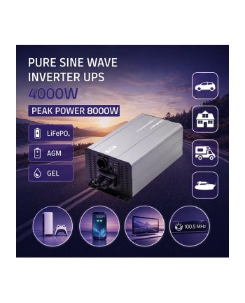 qoltec Przetwornica napięcia Pure Sine Wave | 12V na 230V | 4000/8000W |UPS BYPASS