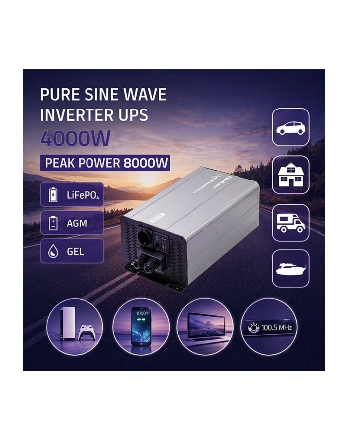 qoltec Przetwornica napięcia Pure Sine Wave | 12V na 230V | 4000/8000W |UPS BYPASS główny