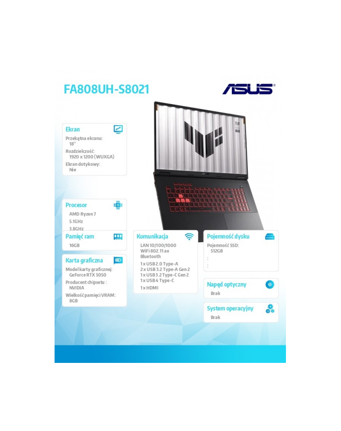 asus Notebook TUF Gaming A18 (2025) FA808UH-S8021 nOS R7-260 16GB/512GB/RTX5050 główny