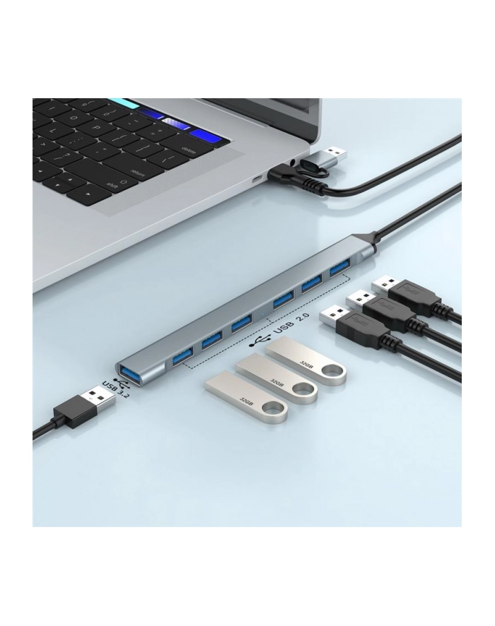 GEMBIRD 7-portowy hub USB 1x USB 3.2 + 6x USB 2.0 USB-A + USB-C srebrny główny