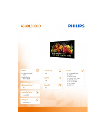 philips Monitor wielkoformatowy 43BDL5050D 42.5 cala  Public Display