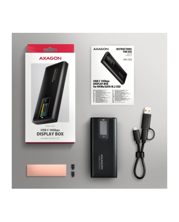 axagon EEM2-SD2B Obudowa zewnętrzna aluminiowa bezśrubowa USB-A/C 3.2 Gen2 M.2 NVMe/SATA wyświetlacz LED, czarny