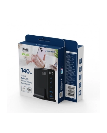 gembird Ładowarka uniwersalna GaN 140W LCD 3xUSB-C 2xUSB-A czarna